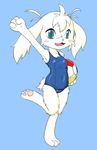  anthro bellybutton cave_story chest_tuft cool_colors cub ears female fur green_eyes hair_tuft inflatable lagomorph looking_at_viewer mammal mimiga navel one-piece_swimsuit pawpads raised_arm solo standing sue_sakamoto swimsuit tail tuft unadon video_games young 