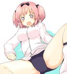  1girl babaa_(namarahakata) bad_id bad_pixiv_id blue_eyes blush bow breasts buruma hair_bow hair_ribbon hibari_(senran_kagura) jacket large_breasts leg_warmers open_mouth pink_hair ribbon senran_kagura senran_kagura_shoujo-tachi_no_shin'ei short_hair short_twintails smile solo spread_legs symbol-shaped_pupils track_jacket twintails 