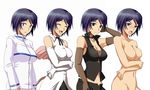  adjusting_hair blue_eyes blue_hair blush breasts cleavage closed_eyes collarbone costume_chart covering covering_breasts crossed_arms elbow_gloves gloves ichimedoo idolmaster idolmaster_relations large_breasts navel no_nipples nude open_mouth sanjou_tomomi short_hair simple_background smile sweatdrop tears 