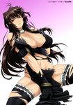  breast_lift breasts brown_hair cleavage dark_lord_(game) elbow_gloves gloves isse large_breasts long_hair navel red_eyes solo thighhighs torn_clothes torn_legwear 