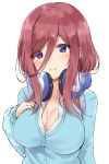  1girl bangs blue_cardigan breasts buttons cleavage closed_mouth collarbone commentary_request go-toubun_no_hanayome hair_between_eyes hand_on_own_chest hand_up head_tilt headphones headphones_around_neck highres large_breasts long_hair long_sleeves looking_at_viewer minikon nakano_miku red_hair shirt sidelocks simple_background smile solo undershirt upper_body white_background white_shirt 