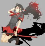  adjusting_hair bad_id bad_pixiv_id black_hair black_legwear blood-c chain glasses gradient_hair highres katana kisaragi_saya kneeling lace lace-trimmed_skirt loafers long_hair multicolored_hair red_eyes red_hair scabbard school_uniform shadow sheath sheathed shoes skirt socks solo srmn sword twintails weapon 