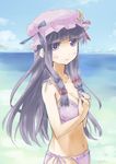  bad_id bad_pixiv_id bare_shoulders beach bikini breasts bug butterfly cloud crescent day hand_on_own_chest hat insect long_hair medium_breasts navel ocean outdoors patchouli_knowledge purple_hair sky solo swimsuit touhou water y_(sy20) 