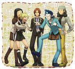  3girls amano_maya angry arguing bandana bangs black_hair blonde_hair blue_hair boots brown_hair choker curly_hair hand_on_hip kasugayama_high_school_uniform kneehighs lighter lisa_silverman long_hair looking_at_viewer mayuzumi_yukino mishina_eikichi multiple_boys multiple_girls necktie open_mouth pale_skin parted_bangs persona persona_2 school_uniform shirt short_hair skirt smile spiked_hair suou_tatsuya sweatdrop tenchi11 tied_hair wall_of_text white_shirt 