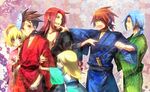  5boys :o alternate_hairstyle blonde_hair blue_eyes blue_hair brown_eyes brown_hair collet_brunel fan japanese_clothes jodesu kimono kratos_aurion lloyd_irving long_hair mask mithos_yggdrasill multiple_boys open_mouth ponytail red_hair short_hair smile spiked_hair tales_of_(series) tales_of_symphonia yuan_(tales) zelos_wilder 