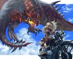  :o blue_eyes boyaking cloud dark_skin dragon fire ground_vehicle kirin_(armor) long_hair md5_mismatch monster_hunter motor_vehicle motorcycle rathalos riding sky solo white_hair wyvern 