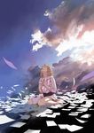  bad_id bad_pixiv_id barefoot blonde_hair closed_eyes cloud earrings highres jewelry kurono_kuro original papers short_hair sitting sky solo tears wariza 