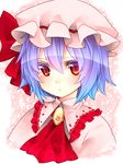  :&lt; :/ ascot bad_id bad_pixiv_id blue_hair brooch colored_eyelashes face gradient_hair hat jewelry multicolored_hair portrait purple_hair red_eyes remilia_scarlet short_hair slit_pupils solo touhou yutazou 