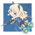  animal_ears ass blonde_hair bren_gun brown_eyes cat_ears cat_tail chibi glasses long_hair looking_back mdc_honpo military military_uniform pantyhose perrine_h_clostermann rimless_eyewear ship smile solo strike_witches striker_unit tail uniform watercraft world_witches_series 