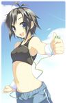  :d antenna_hair bad_id bad_pixiv_id black_hair cloud day earbuds earphones enomoto_hina foreshortening giving green_eyes highres idolmaster idolmaster_(classic) kikuchi_makoto midriff navel open_mouth outstretched_arm pants short_hair single_earphone_removed sky smile solo sports_bra sweatband track_pants wristband 