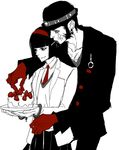  1girl bad_id bad_pixiv_id black_eyes black_hair bowler_hat cake candy cuffs earrings facial_hair facial_mark food formal fruit gloves goatee hairband handcuffs hat holding jake_martinez jewelry kada_rinka_(dalia) kriem lollipop mouth_hold necktie partially_colored red_gloves short_hair sideburns simple_background strawberry suit tiger_&amp;_bunny 