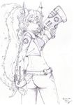  breasts canine carmelita_fox female fox greyscale gun ironlith ironlith(artist) line_art looking_at_viewer mammal monochrome plain_background ranged_weapon sketch sly_cooper sly_cooper_(series) solo star tail video_games weapon white_background zipper 