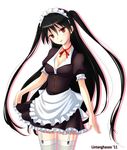  :p apron black_hair blush choker frills garter_straps head_tilt highres lintanghaseo long_hair maid maid_headdress mayo_chiki! red_eyes ribbon_choker simple_background skirt solo suzutsuki_kanade thighhighs tongue tongue_out twintails two_side_up very_long_hair white_legwear 