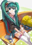  bench bubble_blowing chewing_gum fisheye hatsune_miku headphones long_hair nanaka2011 pom_poms sitting skirt sleeves_pushed_up solo thighhighs twintails very_long_hair vocaloid 