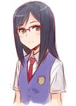  ano_hi_mita_hana_no_namae_wo_bokutachi_wa_mada_shiranai. black_hair blush glasses green_eyes ha-ru long_hair necktie red-framed_eyewear school_uniform simple_background smile solo tsurumi_chiriko upper_body 