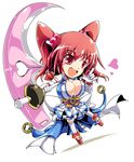  :d \m/ adapted_costume alternate_weapon blush_stickers breasts chibi cleavage clog_sandals gloves heart ichirino_minagi large_breasts magical_girl obi onozuka_komachi open_mouth platform_footwear red_eyes red_hair sash scythe simple_background skirt smile solo touhou two_side_up weapon 