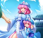  bad_id bad_pixiv_id banned_artist breasts castle child cloud day hat holding_hands japanese_clothes ko-yuyuko large_breasts mother_and_daughter multiple_girls pink_hair red_eyes saigyouji_yuyuko shin'en-san shin'en_(gyokuro_company) short_hair sky smile touhou triangular_headpiece 