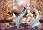  aqua_eyes aqua_hair braid butterfly_wings cushion fake_wings fish flower hair_flower hair_ornament hatsune_miku head_wings headphones long_hair peony_(flower) phonograph rain reflection seiza shoumura_(mix) sitting solo thighhighs twin_braids twintails very_long_hair vocaloid wind_chime wings 