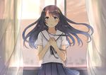  ataru_(ataru_squall) black_eyes black_hair blush hair_ornament hairpin long_hair original school_uniform serafuku solo tears window 