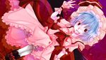  adapted_costume ascot blood bloody_clothes bow dutch_angle grin hat paco_(eien_mikan) purple_hair red_eyes remilia_scarlet short_hair smile solo touhou 