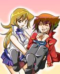  blonde_hair brown_hair pixiv_thumbnail resized ribbon school_uniform smile tenjouin_asuka yu-gi-oh! yuu-gi-ou_gx yuuki_juudai 