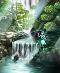  blue_eyes blue_hair boots hand_on_hip hat kawashiro_nitori key light_rays mugishima nature river scenery short_hair skirt skirt_set smile solo sunbeam sunlight touhou tree two_side_up water waterfall waving 