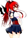  adapted_costume alternate_hairstyle ass bat_wings blush corset fang from_behind haine_(howling) head_wings koakuma long_hair looking_back miniskirt open_mouth ponytail red_eyes red_hair sidelocks simple_background skirt solo touhou tray wings 