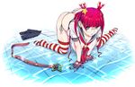  amanogami_dai ass bad_id bad_pixiv_id belt breasts character_request copyright_request glasses huge_breasts panties red_eyes red_hair school_uniform serafuku skirt solo star striped striped_legwear thighhighs underwear water wet wet_clothes 
