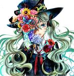  aqua_eyes bow flower gloves green_hair hair_bow hat hat_flower hatsune_miku head_tilt highres long_hair red_flower red_rose rose simple_background solo top_hat tubakinokubi twintails very_long_hair vocaloid 