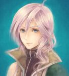  ahoge asymmetrical_clothes bare_shoulders blue_background blue_eyes close-up closed_mouth final_fantasy final_fantasy_xiii hair_between_eyes lightning_farron lips long_hair looking_at_viewer nanase_shie pink_hair portrait simple_background smile solo upper_body zipper 