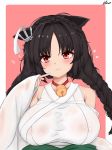  1girl :3 absurdres anchor_hair_ornament animal_ears azur_lane bare_shoulders bell bell_collar black_hair blush braid breasts cat_ears closed_mouth collar commentary_request eyebrows_visible_through_hair hair_ornament heart highres japanese_clothes jingle_bell kirim_(kihun4070) large_breasts long_hair long_sleeves looking_at_viewer ooshio_(azur_lane) red_collar red_eyes see-through shiny shiny_hair shiny_skin signature smile solo twin_braids wet wet_clothes wide_sleeves 