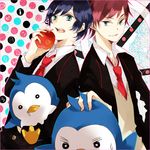  amane_mio apple blazer blue_hair food fruit green_eyes jacket mawaru_penguindrum multiple_boys necktie penguin_1-gou penguin_2-gou red_hair school_uniform siblings takakura_kanba takakura_shouma vest 