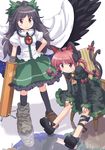  animal_ears arm_cannon armchair bell black_hair black_legwear black_wings bow braid cape cat_ears cat_tail chair dress extra_ears fang green_bow hair_bow hand_on_hip hands_on_own_knees jingle_bell kaenbyou_rin kneehighs kurotama_(avino) large_wings leg_ribbon loafers long_hair looking_at_viewer mismatched_footwear multiple_girls multiple_tails ponytail red_eyes red_hair reflection reiuji_utsuho ribbon shoes simple_background sitting skirt smile standing tail tail_ribbon tareme third_eye touhou twin_braids twintails weapon wings 