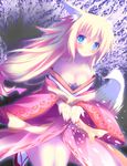  animal_ears bad_id bad_pixiv_id bare_shoulders blonde_hair blue_eyes blush breasts cleavage collarbone eyebrows fox_ears fox_tail geta highres japanese_clothes jebura long_hair medium_breasts original petals sandals solo tail tree 