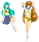  animal_print aqua_hair arms_up bikini_bottom bikini_top blue_eyes bottomless dual_persona horns lum multiple_girls navel no_pants no_shirt orange_hair pointy_ears red_eyes school_uniform serafuku socks tiger_print uniform urusei_yatsura yasuhito_(yasu_no_e) 