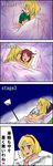  4koma after_sex alice_margatroid antennae bed blanket blonde_hair blue_eyes blush closed_eyes comic frills green_hair hairband highres imperishable_night jewelry kamishirasawa_keine lamp multiple_girls mystia_lorelei nail_polish pillow pink_eyes red_eyes red_hair scarf sei_(kaien_kien) silver_hair single_earring touhou translated wriggle_nightbug yuri 