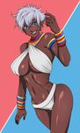  bad_id bad_pixiv_id bare_shoulders blue_eyes bracelet breasts dark_skin earrings elena_(street_fighter) grin hand_in_hair highres jewelry large_breasts maaru navel neck_ring short_hair smile solo street_fighter street_fighter_iii_(series) swimsuit white_hair 