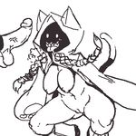  1girl aliasing animal_ears arc_system_works blazblue breasts cat_ears cat_tail catgirl cleft_of_venus erection female half_naked hanging_breasts hood large_breasts lowres male monochrome nipples noill penis plain_background pussy saliva sharp_teeth simple_background squatting tail taokaka tongue tongue_out twin_braids uncensored vagina white_background 