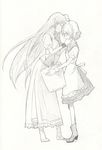 apron bad_id bad_pixiv_id blush from_side full_body hands_on_another's_face hat head_to_head hong_meiling izayoi_sakuya long_hair maid maid_headdress monochrome multiple_girls simple_background sketch standing touhou traditional_media ume_(plumblossom) wrist_cuffs 