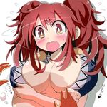  bad_id bad_pixiv_id blush breasts cleavage covering covering_breasts crossed_arms fang givuchoko highres large_breasts onozuka_komachi open_mouth reaching red_eyes red_hair shaking_head solo tears touhou two_side_up 