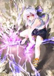  ankle_boots bare_shoulders boots bow dual_wielding hair_bow highres holding knife long_hair navel ponytail red_eyes shorts silver_hair solo tadano_magu vocaloid voyakiloid yowane_haku 