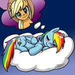  applejack_(mlp) blonde_hair blush cloud cutie_mark dream equine female feral friendship_is_magic green_eyes hair hasbro hat horse john_joseco mammal multi-colored_hair my_little_pony pegasus pony rainbow_dash_(mlp) rainbow_hair sleeping solo wings 