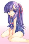  :&lt; blue_eyes blush crescent crescent_hair_ornament gradient gradient_background hair_ornament hair_ribbon hairclip long_hair mikage_sekizai one-piece_swimsuit patchouli_knowledge ponytail purple_hair ribbon school_swimsuit sitting solo swimsuit touhou v_arms wariza 