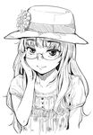  blush casual face glasses greyscale hand_on_own_face hat long_hair monochrome mune perrine_h_clostermann rimless_eyewear simple_background smile solo strike_witches upper_body world_witches_series 