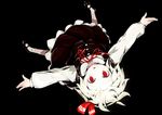  blonde_hair dress full_body hair_ribbon kuuichi09 mary_janes outstretched_arms pale_skin red_eyes ribbon rumia shoes short_hair simple_background slit_pupils solo spread_arms touhou upside-down 