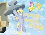  alevgor anvil blonde_hair boxes cloud clouds cool_colors cutie_mark derpy_hooves_(mlp) english_text equine evil female feral flying friendship_is_magic hair hasbro horse insane mammal my_little_pony pegasus pink_hair pony raindrops_(mlp) shocked sky teal_hair text truck wings yellow_eyes 