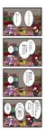  4koma black_wings book bookshelf chair chibi comic crescent dora_ita hat head_wings highres koakuma long_hair multiple_girls necktie patchouli_knowledge purple_hair red_hair shelf sweatdrop table touhou translated wings 