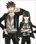  1girl beard belt black_eyes black_hair crossed_arms darker_than_black facial_hair formal hazuki_mina_(darker_than_black) jacket_on_shoulders long_hair necktie ocha_(oteaaa) open_mouth shizume_genma simple_background spiked_hair suit 