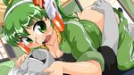  breasts cleavage collarbone glasses green_eyes green_hair medium_breasts open_mouth os-tan panties panty_pull solo toushi_ryoku underwear xp_home-tan 