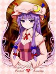  :&lt; adapted_costume blush book bookshelf bow breasts capelet character_name cleavage crescent earrings hair_bow hat highres jewelry large_breasts long_hair patchouli_knowledge purple_eyes purple_hair revision solo striped sweatdrop touhou upper_body vertical_stripes zaxwu 